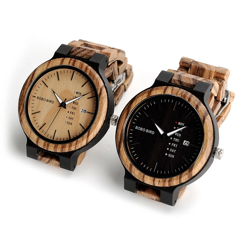 BOBO BIRD Wooden Men Watches erkek kol saati Quartz Wristwatch Male Show Date and Week Timepieces in Gifts Wood Box