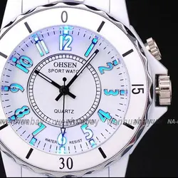 

OHSEN Hodinky Women's White Luxury Waterproof Sports Watches 7 Multi-color Led Light Clock Watch OH02 Relogio Esportivo Feminino