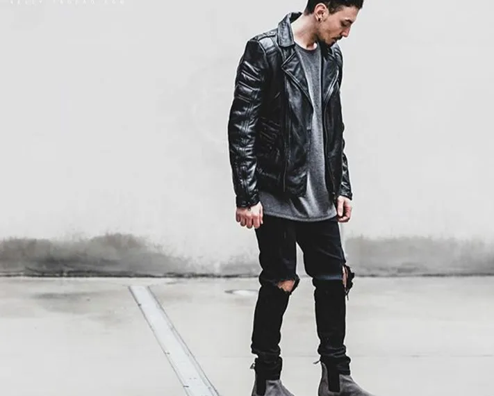 Knee Ripped Hole Biker Jeans Men Denim Destroyed Slim Fit Zippers Jeans Fashion Trousers Black Streetwear Hip Hop Pants Jogger