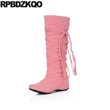 Замша высокие сапоги розовый лолита Высота увеличена конфеты кисточка слипоны Женские ботинки зима каваи больших размеров длинный бахрома обувь осенняя 10 мода женский китайский женская