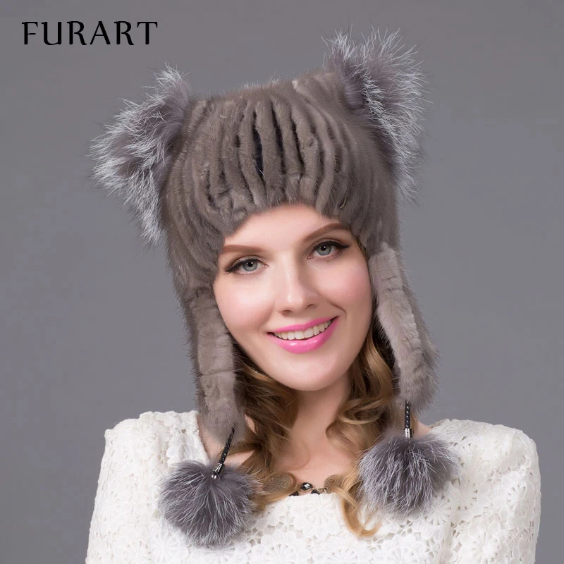 women's genuine mink fur hat with fur pom poms winter autumn lovely cat