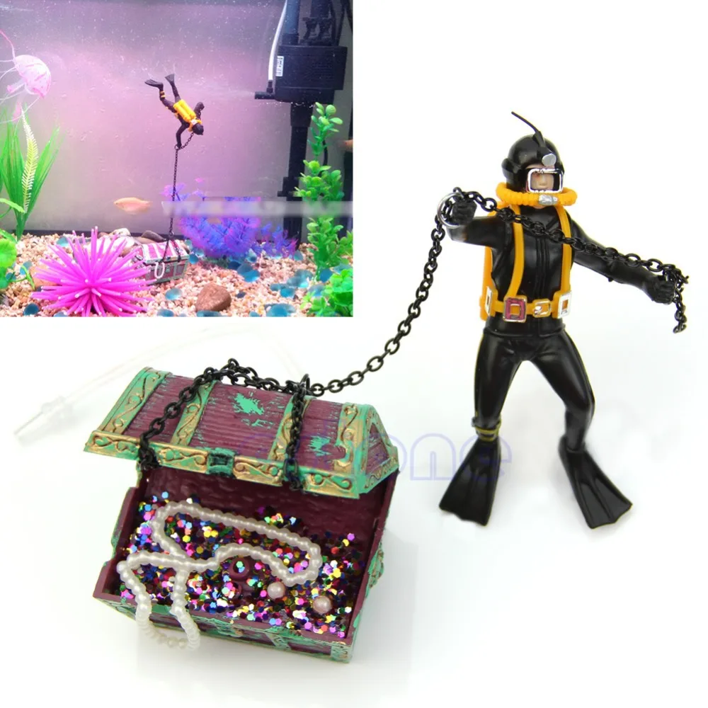 Black POPETPOP Aquarium Treasure Chest Diver Treasure Hunter Diver Action Figure Fish Tank Ornament Landscape Decoration