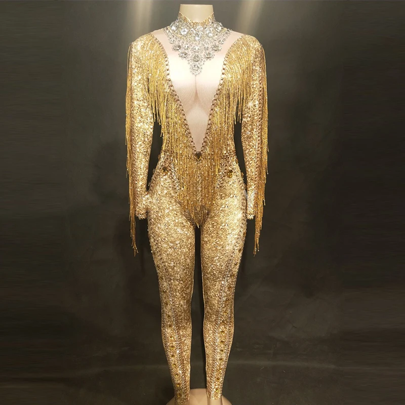 

Sparkly Gold Stones Fringes Jumpsuit Rhinestones Sexy Bodysuit Female Singer Evening Stage Wear Birthday Celebrate Outfit DL3431
