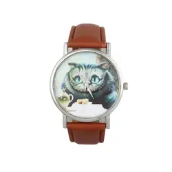 TZ #501 Повседневное милый кот женщин кожаный ремешок Циферблат Аналоговые кварцевые наручные часы Бесплатная доставка