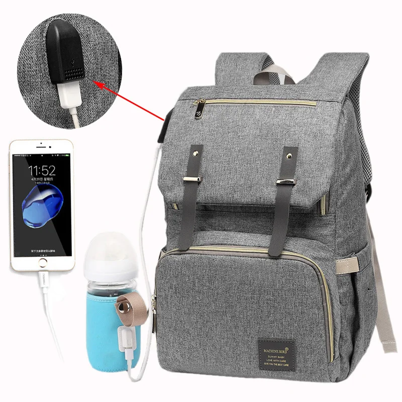 

USB Diaper Bag Baby Nappy Bag Mummy Daddy Backpack Large Capacity Waterproof Casual Laptop Bag Rechargeable Holder for Bottle