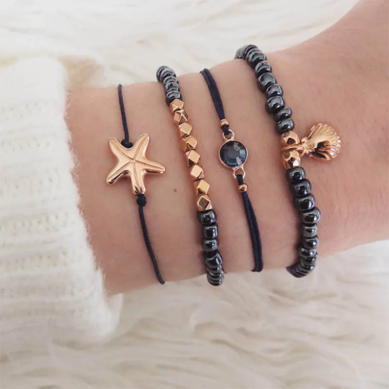 

Bohemian Starfish Shell Charm Bracelets Sets For Women Fashion Dark Blue Beads Bracelets Girls Gifts 2019 Jewelry