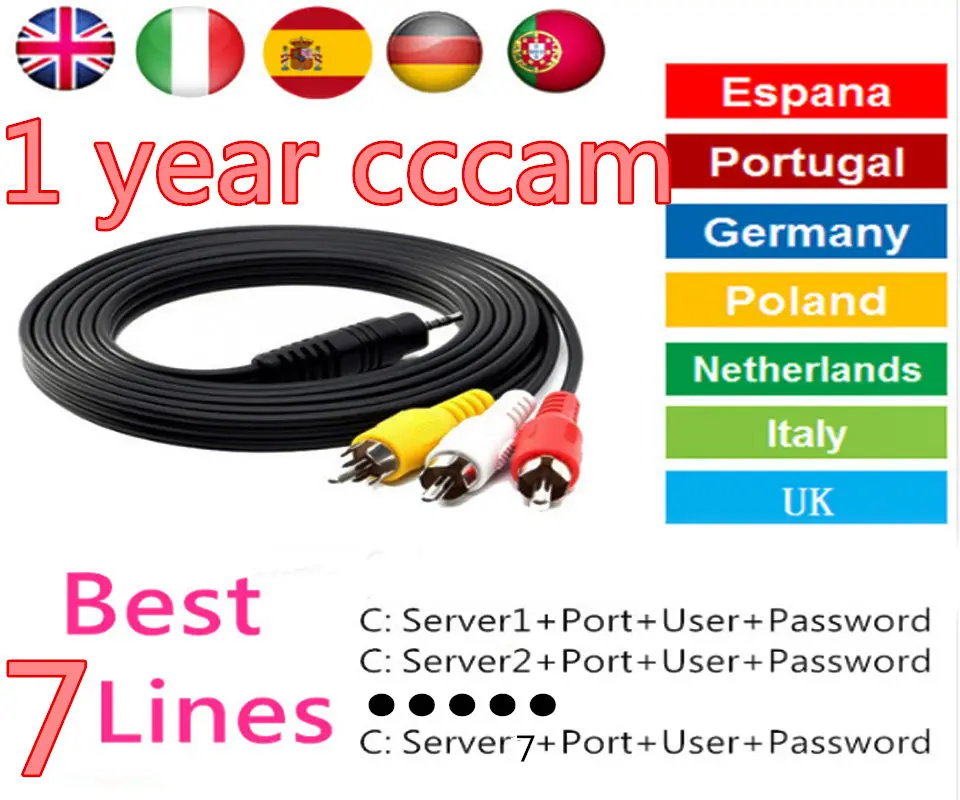 cccam Клайн 1 год Испания Польша Португалия Германии ЭСТ цифровой спутниковый ресивер Cccams 7 линий для 1 год Европа - Цвет: 1 year Cccam