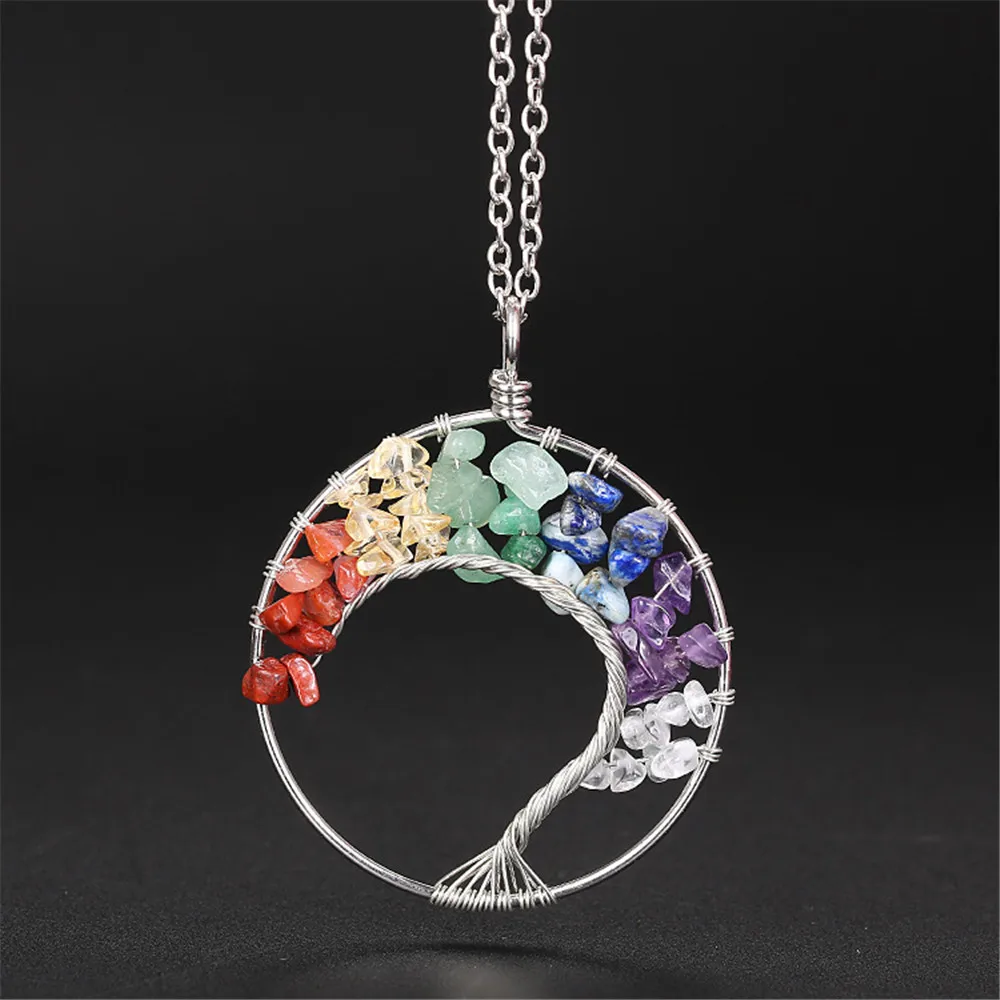

Natural Purple Crystal 7 Chakra Tree of Life Pendant Necklace Handmade Colorful Curved Tree Women Necklace+Leather or Link Chain