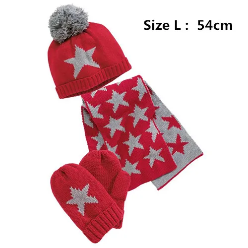 Вязаная шапка красного цвета с принтом звезды для маленьких мальчиков и девочек, шарф и наборы с перчатками, детский осенне-зимний хлопковый комплект из 3 предметов, рождественский подарок - Цвет: size L  54cm