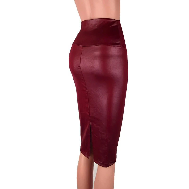 CHSDCSI юбки-карандаш, Женская юбка из искусственной кожи, одноцветная, высокая талия, тонкая, в стиле хип, винтажная, длинная, открытая, с разрезом, Клубная одежда, облегающая, сексуальная юбка - Цвет: D138 Split Wine red