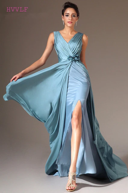 

Blue Evening Dresses 2019 Mermaid V-neck Chiffon Slit Sexy Backless Plus Size Long Evening Gown Prom Dresses Robe De Soiree
