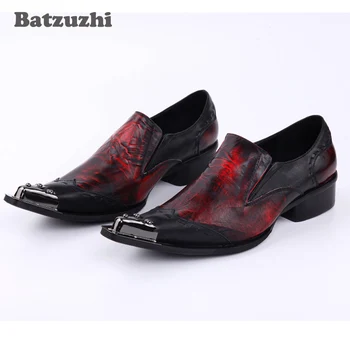 

2020 Handmade Men Dress Shoes Pointed Toe Sliver Metal Toe Leather Red Evening Party Sexy Wedding Shoes Men Hairdress