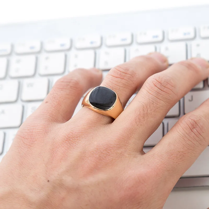 

Gold/Silver Color Classic Plated Black Enamel Rings For Men Vintage Punk Black Drip Imitation Black Stones Male Enamel Ring 2019