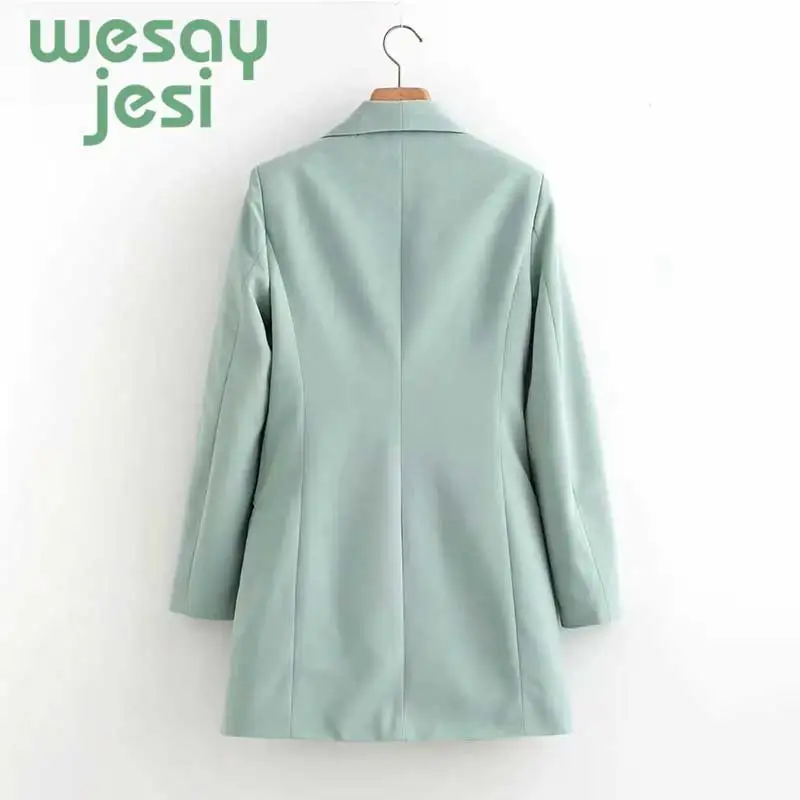 2019 Women chic blue blazer pockets double breasted long sleeve office wear coat solid female casual fashion outerwear tops