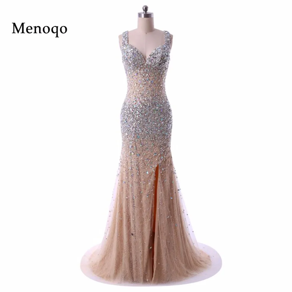 Fast Shipping Sweetheart High Slit Sheer Lace Crystal Beaded Real