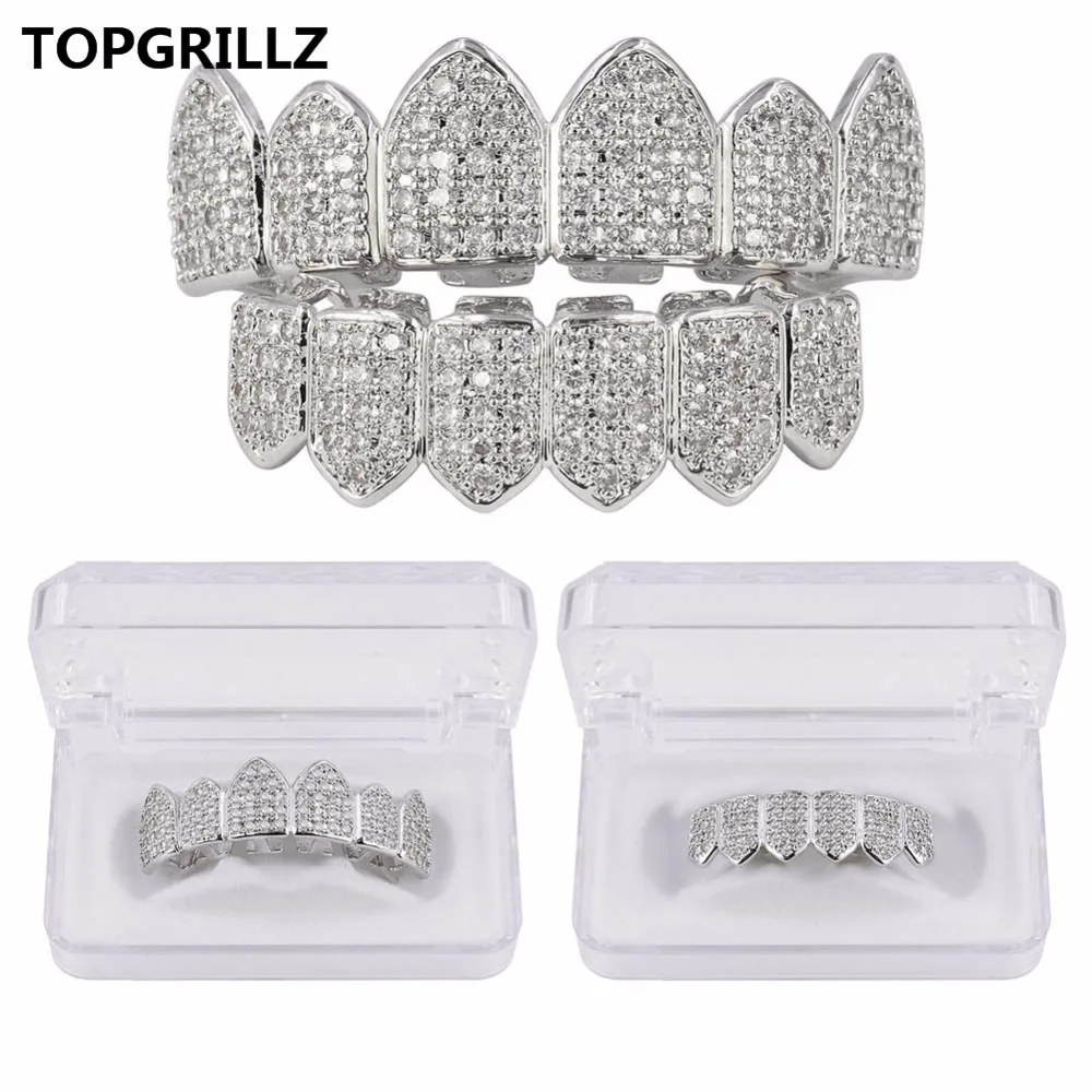  TOPGRILLZ Gold Color Plated Hip Hop Grillz High Quality Micro Pave CZ Top & Bottom GRILLZ Mouth Tee