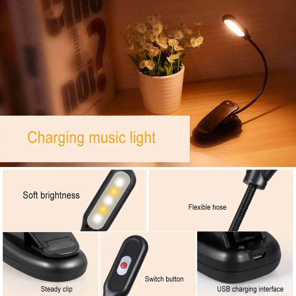 Clamp Clip On LED Reading Light Flexible Bedside Lamp Portable Battery/USB Rechargeable Book Lights QP2