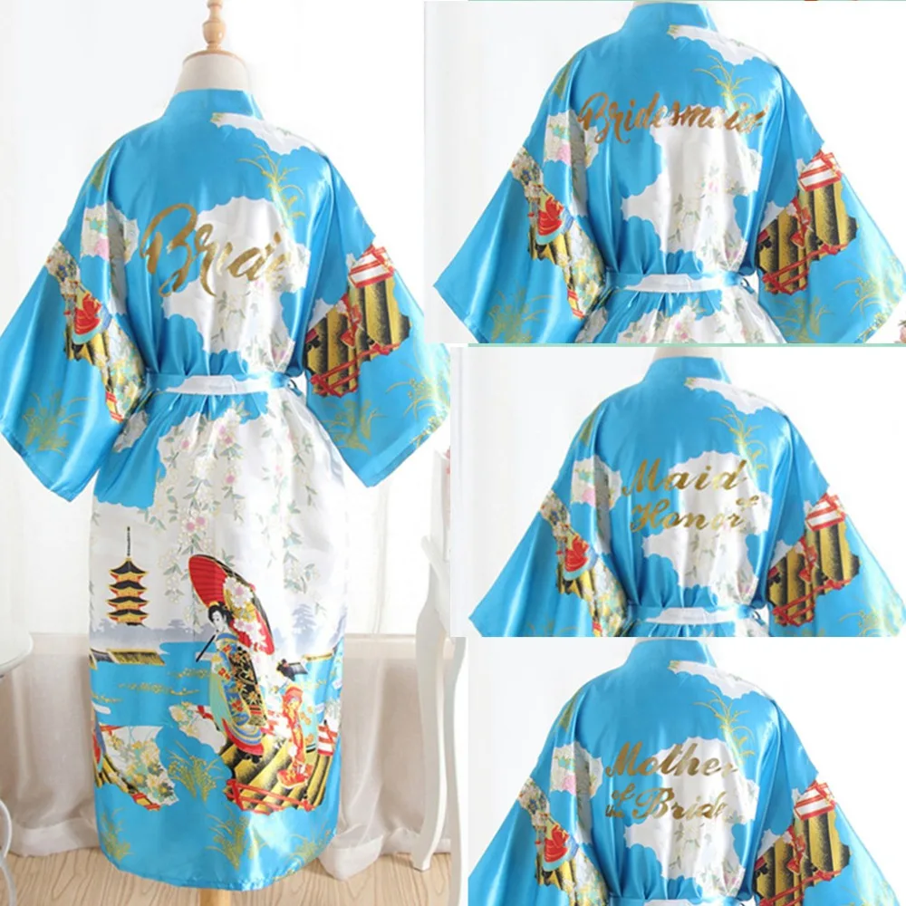 Chinese Women Long Robe Print Flower Golden Word Kimono Bathrobe Gown Bride Bridesmaid Wedding