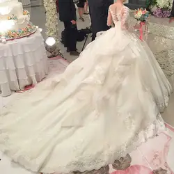 Vestidos de novia элегантное роскошное свадебное платье с кружевным цветком 2019 Иллюзия шеи Длинные рукава Королевский поезд бальное платье