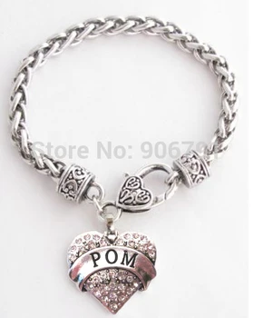 

50pcs a lot antique silver color POM with clear Crystal Heart Lobster Claw Bracelet jewelry