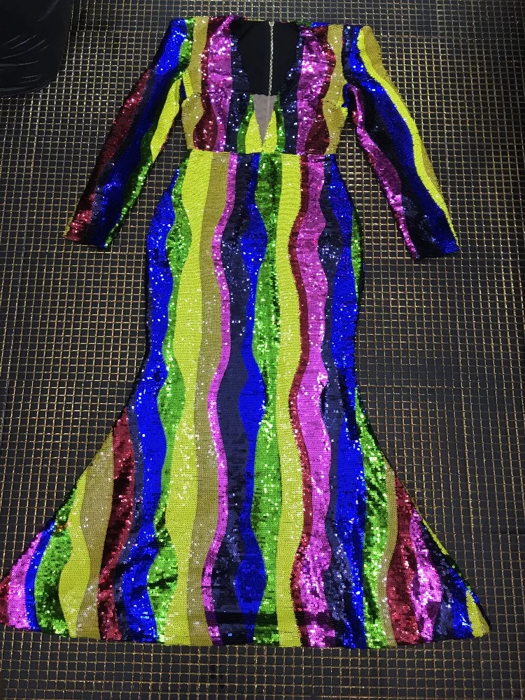 Новое Стильное модное платье, сексуальное женское Радужное платье с глубоким v-образным вырезом и блестками, вечернее, для вечеринок, праздничное облегающее платье