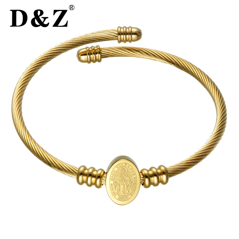 

D&Z Religious Gold Sacred Heart Bangles Titanium Stainless Steel Crucifix Prayer Virgin Mary Bangles Jewelry