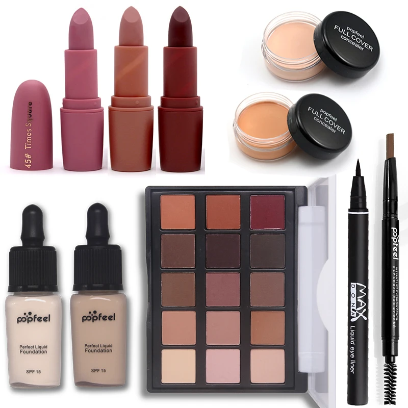 Basic Cosmetics Makup Set Including Matte Eyeshadow Lipstick Eyebrow Pencil Eyeliner Foundation
