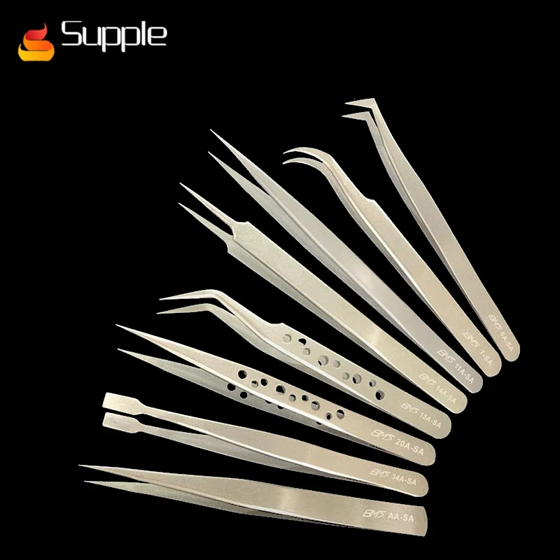 

Supple high precision high elastic Original gold SA plus hard series stainless steel tweezers straight sharp bend flat head