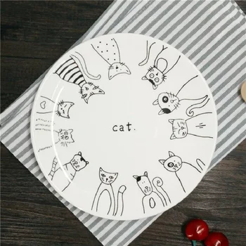 

Dinner Plates Cartoon Cat Ceramic Plates 8*inch Dinnerware Porcelain Flat Plates Pastry Cake Tray Party Plate Dishes Fruit Dish