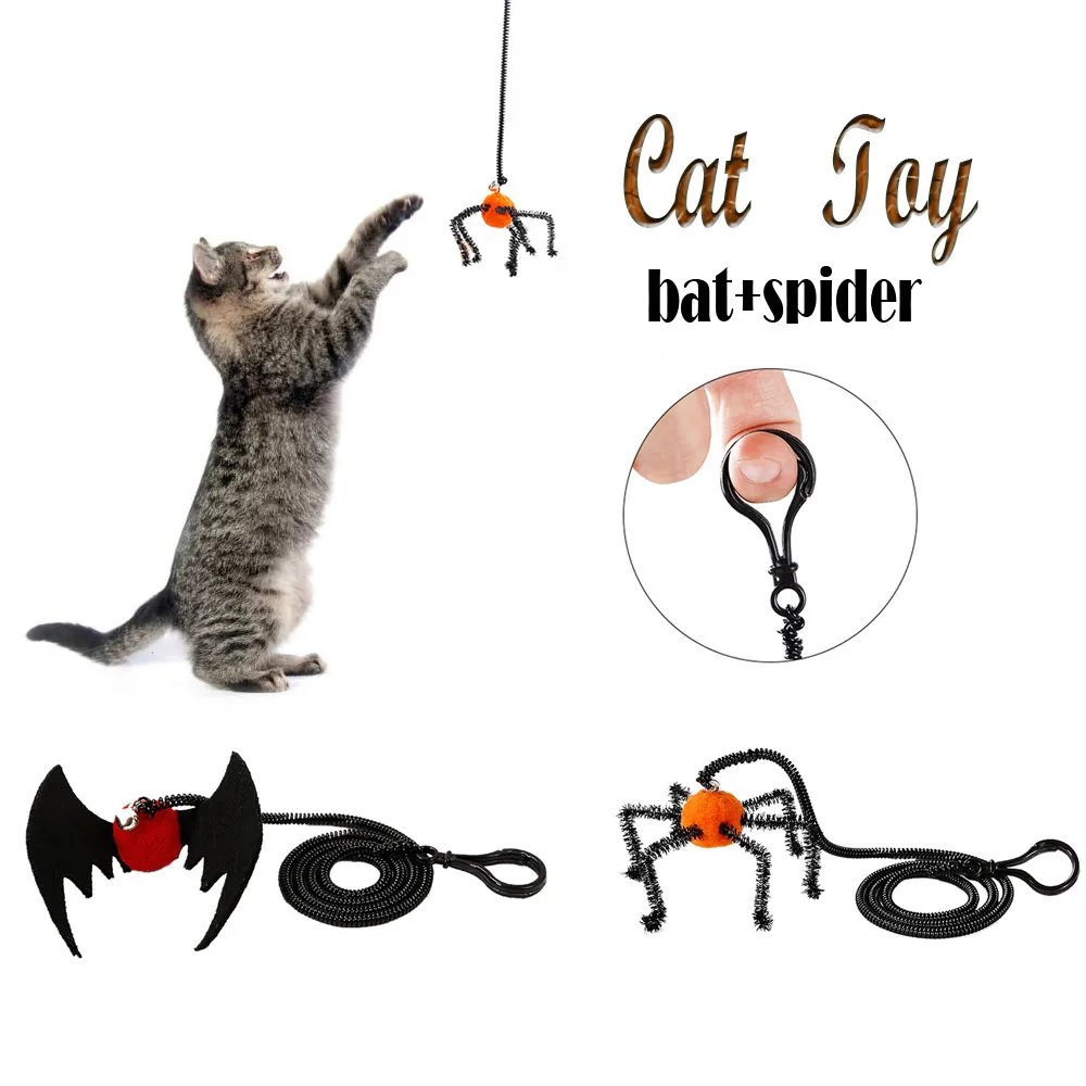 

Funny Halloween Cat Toy Pet Small Bell Colorful Spring Playing Rope Emulation Bat Spider Finger Cat Cleaning TeethTeasing Toy K5
