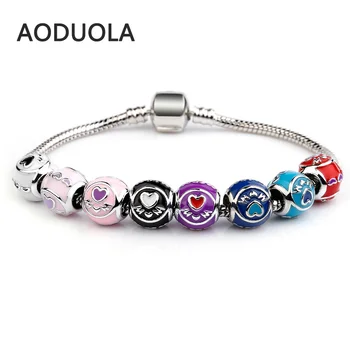 

10Pcs a Lot Silver Plated Enamel Heart MOM European Charms Beads Metal Big Hole Beads for jewelry making Fit For Pandora Charms