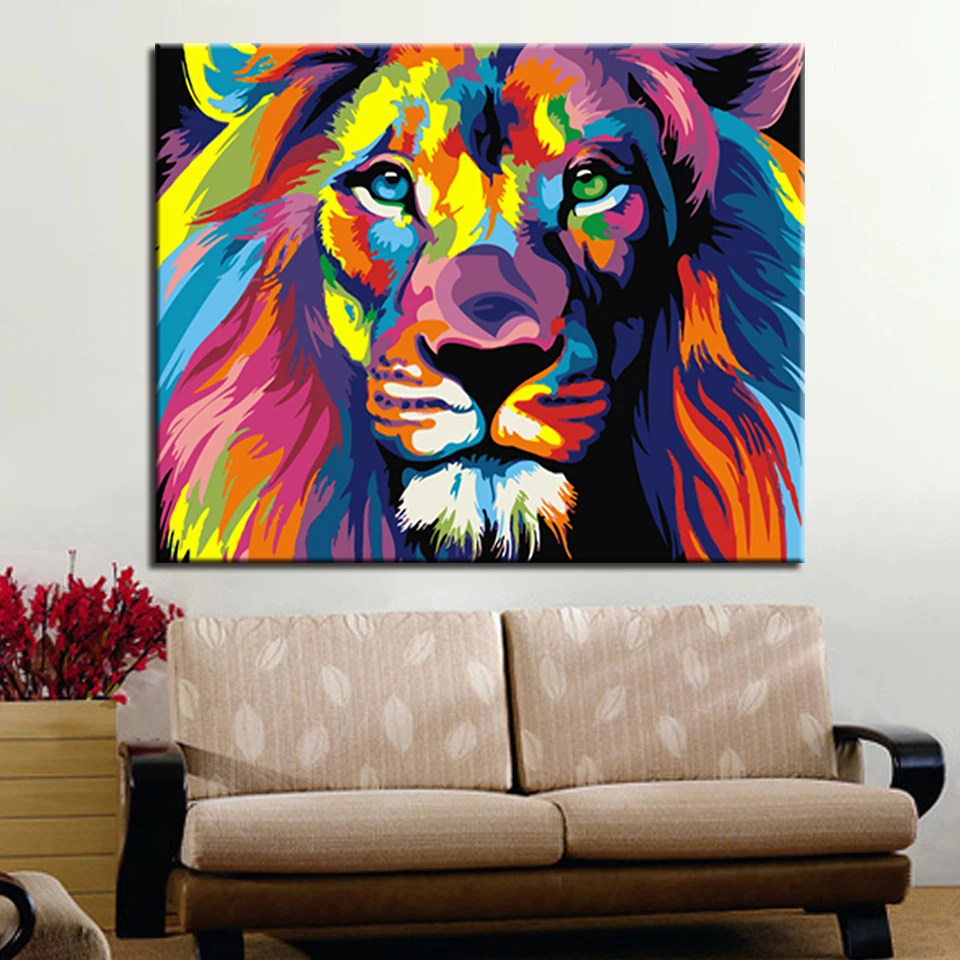 

Abstract Canvas DIY Oil Painting By Numbers Modular Colorful Lion Framework Art Pictures Fashion Home Decoration For Living Room
