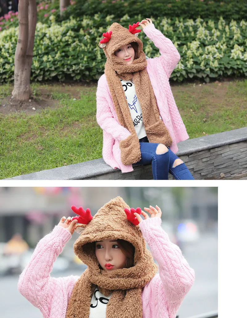 Women New Scarf Gloves Three-Piece Set Fashion Christmas Deer Plush Cartoon Hat Cute Sweet Wild Plus Velvet Scarf SN40 (5)