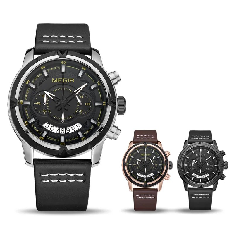 Tanie MEGIR Sport mężczyźni kwarcowy zegarek wielofunkcyjny chronograf moda zegarki zegar mężczyźni Relogio Masculino ze skórzanym paskiem 2047