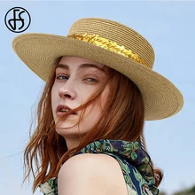 Sombrero de paja plano de la vendimia de FS para las mujeres vestido de verano gorra de playa de ocio con lentejuelas Panamá de ala ancha Jazz Fedora señoras sombreros de sol hueso