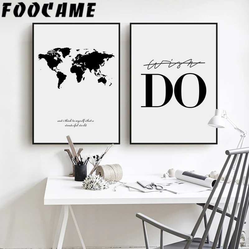 

FOOCAME World Map Black And White Nordic Poster Print Wall Art Canvas Painting Decorative Pictures Living Room Modern Home Decor