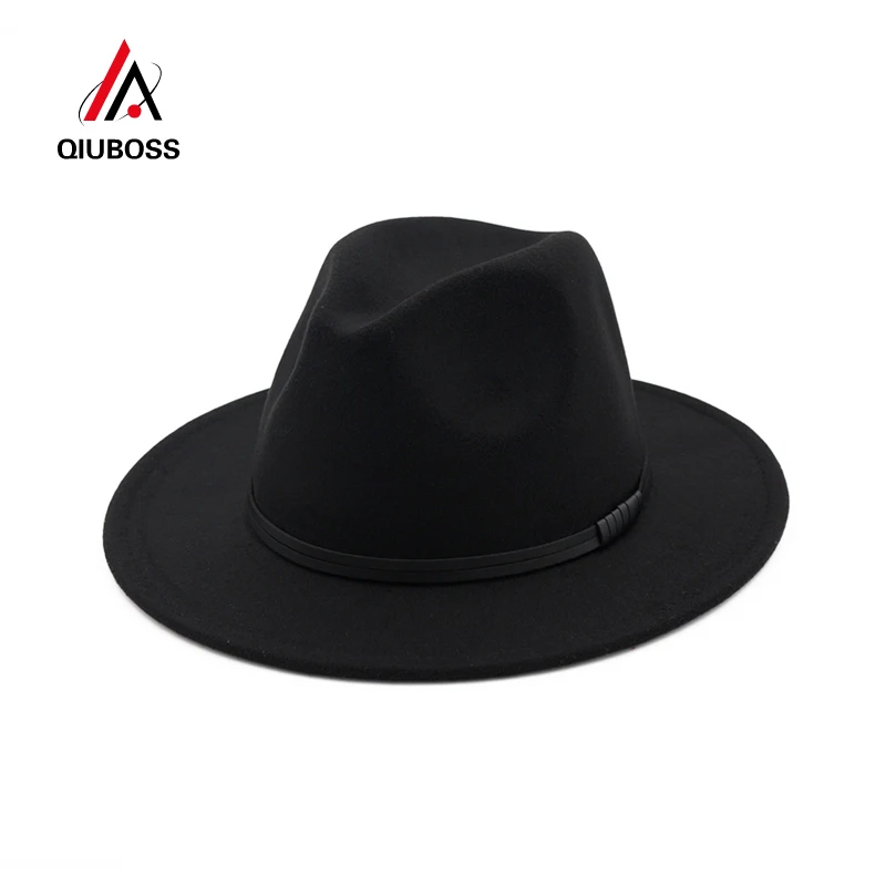 Qiuboss Винтаж вводной фетровых кожаный шнур украшения шляпа с широкими полями шляпа-котелок из шерстяного войлока Для женщин Для мужчин Мода