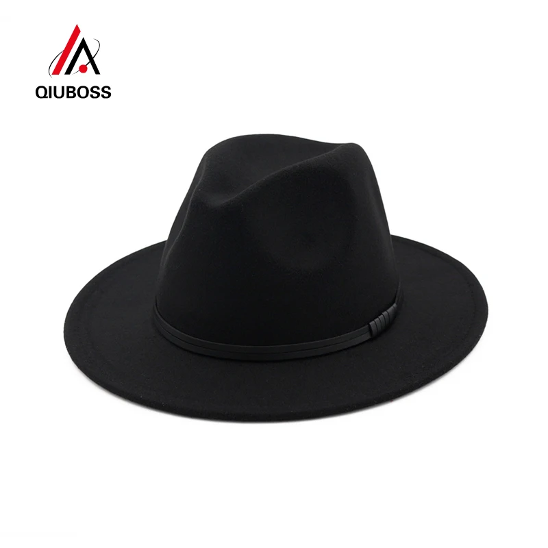 

QIUBOSS Vintage Chapeau Fedoras Leather Cord Decoration Wide Brim Wool Felt Bowler Women Men Trendy Jazz Hat Gambler Fedora Caps