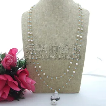 

N092204 30" 2 Strands Crystal Pearl Necklace White Quartz Keshi Pearl Pendant