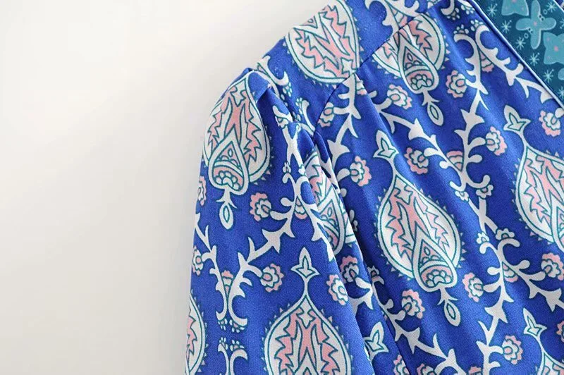 Woman Spliced Hollow Out lacing up Half Sleeve Swing Dresses BOHO Deep V neck Open Buttons Blue Floral Long Dress