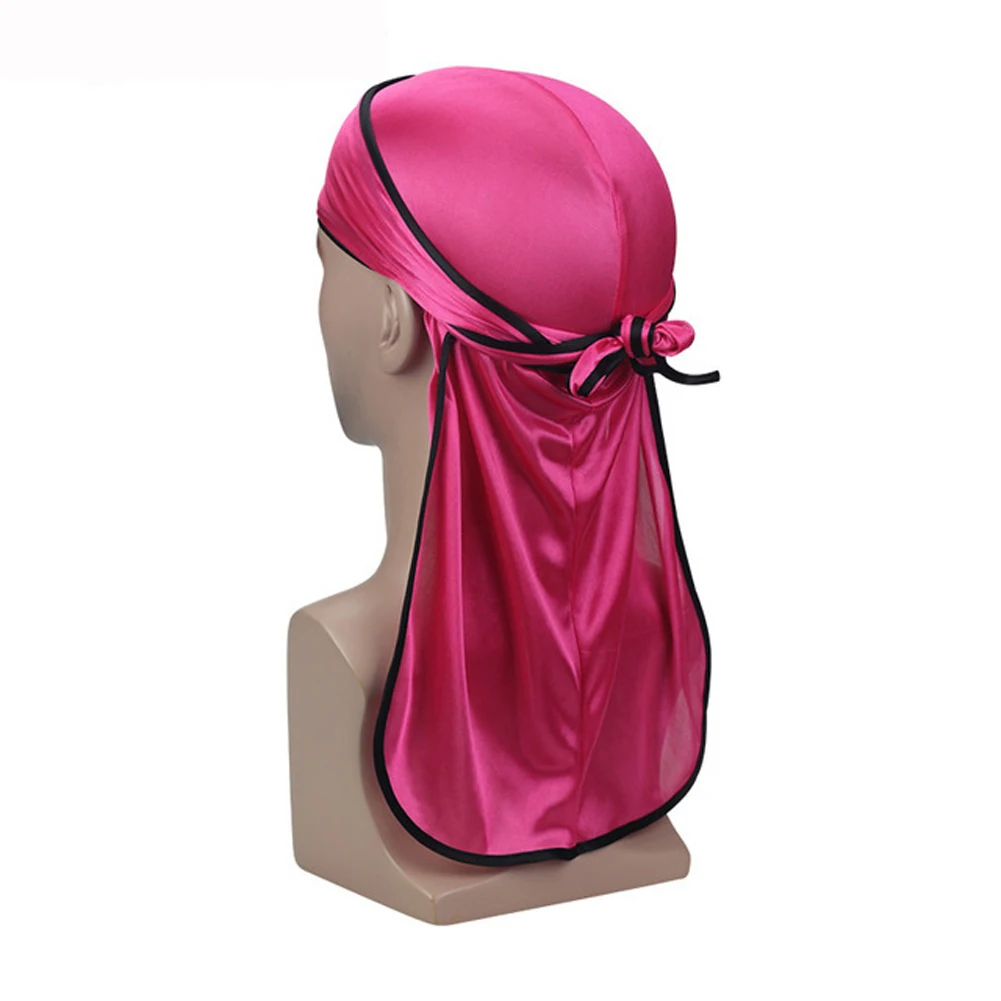 Мужской женский шелковистый головной убор для байкеров бандана Doo Rag Satin Turban Hat красный мягкий Блестящий Новая модная полосатая повязка на голову - Цвет: Розово-красный