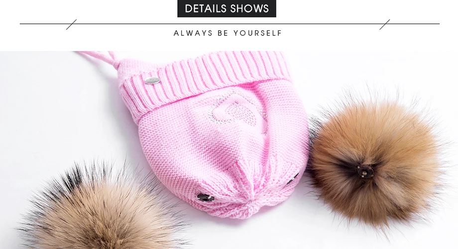 Lovely Girls Beanies Pink Heart-Shaped Rhinestones Knitted Hat With Fur Pom Pom Winter Warm And Thicken Skullies Children Cap (6)