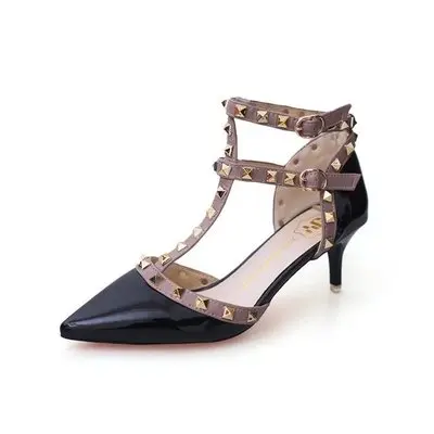 Женская обувь; коллекция года; летние туфли телесного цвета на высоком каблуке с острым носком; женские туфли-лодочки с ремешком на щиколотке; обувь на высоком каблуке; кожаная женская обувь с заклепками - Цвет: Черный