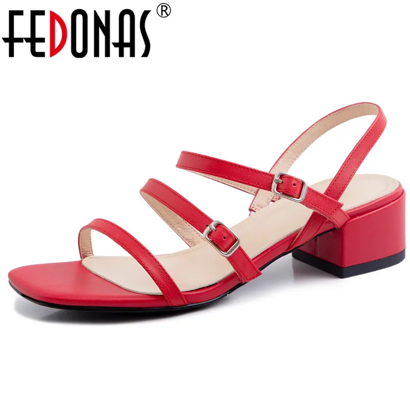 

FEDONAS Summer Concise Thin Strap Buckle Brand Women Sandals New Quality Genuine Leather Square Heels Party Office Shoes Woman