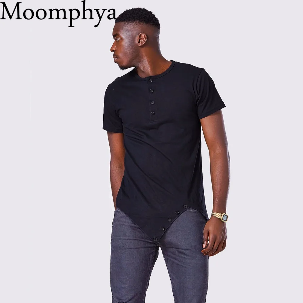 

Moomphya Fashion street wear men's hi-street t-shirt Button neck tshirt Longline sharp Asymmetrical hem men funny t shirt
