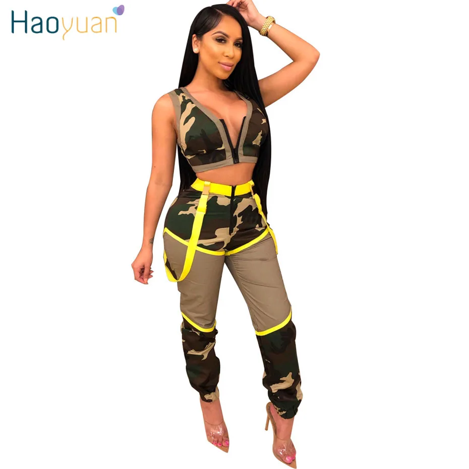 

HAOYUAN Camo Two Piece Set Summer Outfits for Women Festival Crop Top and Joggers Pant Sexy 2 Piece Club Outfits Matching Sets