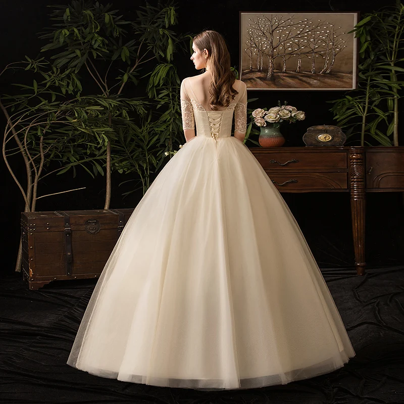 Простое изящное роскошное кружевное свадебное платье с коротким рукавом без шишек Vestidos de novia милое платье 7