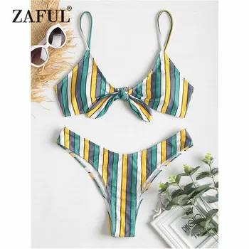 

ZAFUL Knotted Striped Bikini Color Block Swimwear Women High Cut Swimsuit Sexy Spaghetti Straps Padded Thong Bikini Bathing Suit