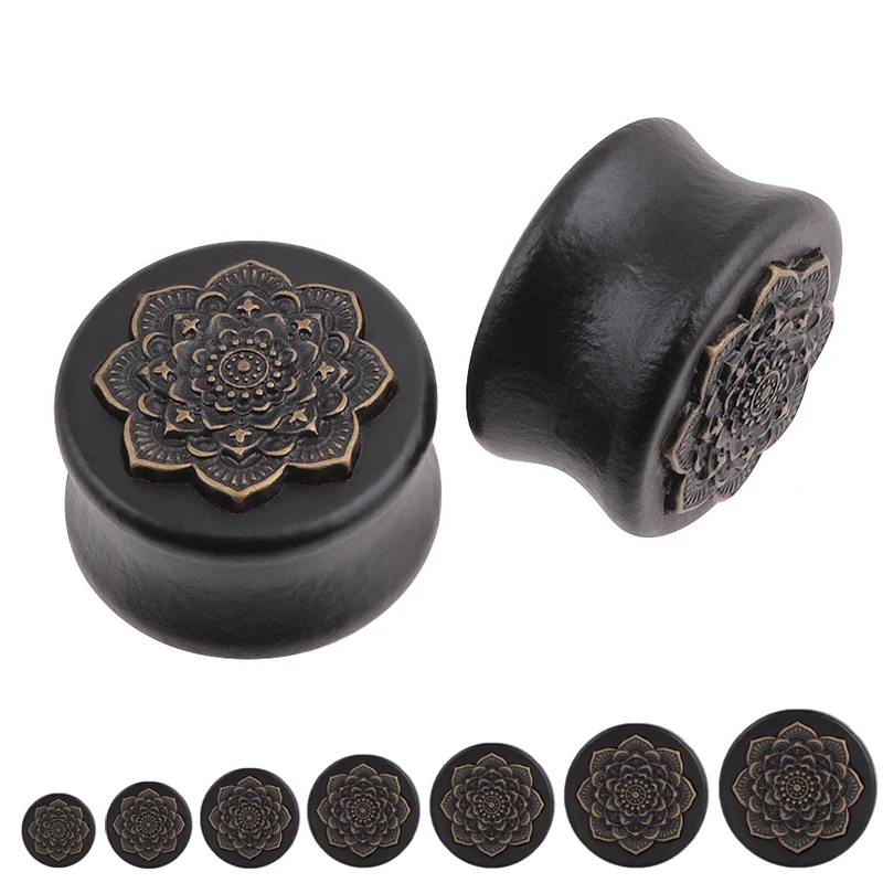 

1 PCS Wood Ear Plugs and Tunnels Ear Piercings Vintage Datura Flowers Ear Pander Gauge for Women Men Ear Stretched Body Jewelry