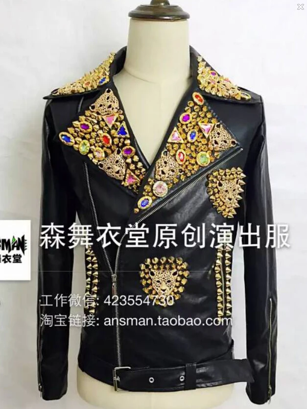 

S-5XL 2019 NEW Men slim DJ male singer rivet Leather Motorcycle Jacket plus size leather coat costumes clothing